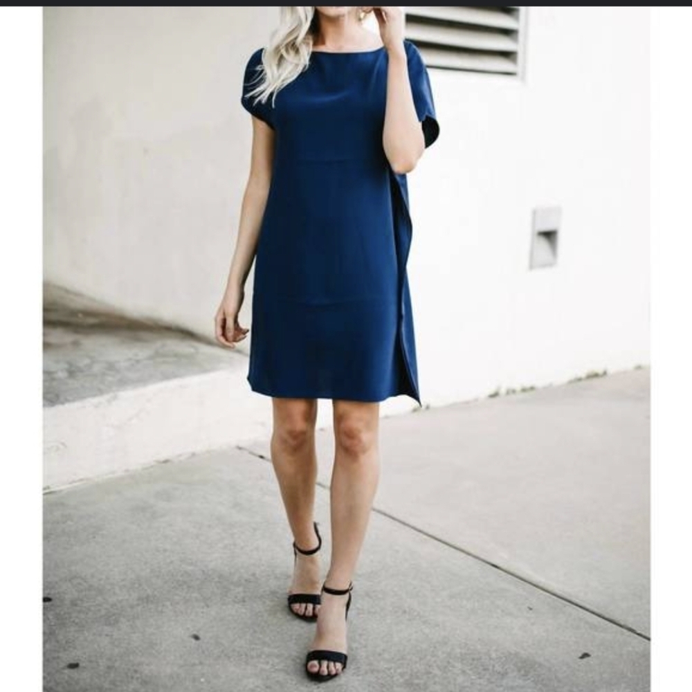 Anna Cate Navy Blue Velvet Shift Dress with Asymmetrical Sides  Midi Cocktail S